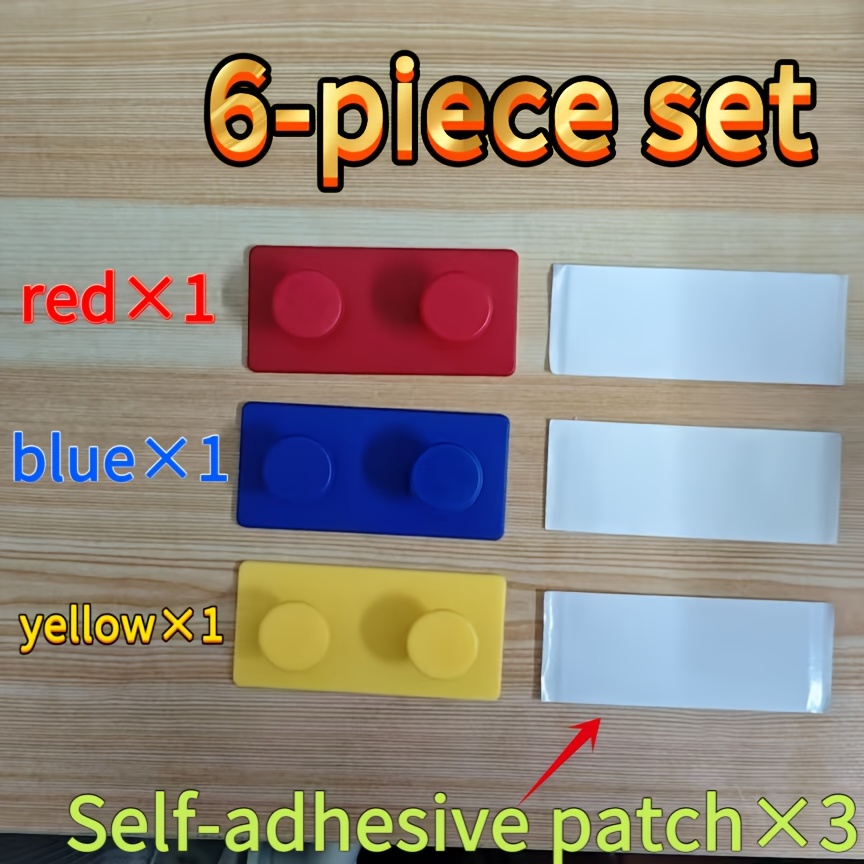 TEMU 6pcs Colorful Building Block Shape Hooks, 3 Hooks And 3 Adhesive Pads, No Drill Self Adhesive Wall Hooks, Reusable Heavy Duty Sticky Hooks For