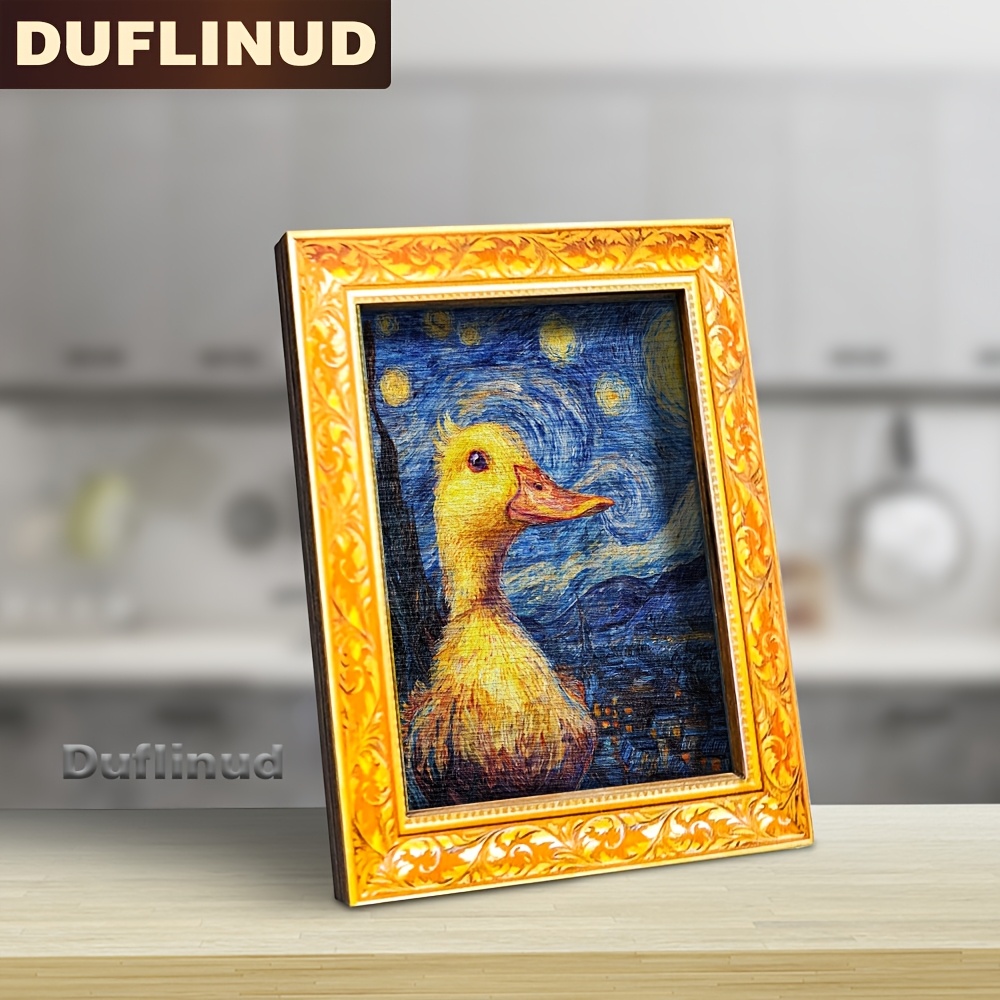 TEMU Aimant de réfrigérateur 1 pièce en bois Nuit étoilée de Van Gogh avec petit caneton jaune, miniature décorative de style avec caneton jaune d'