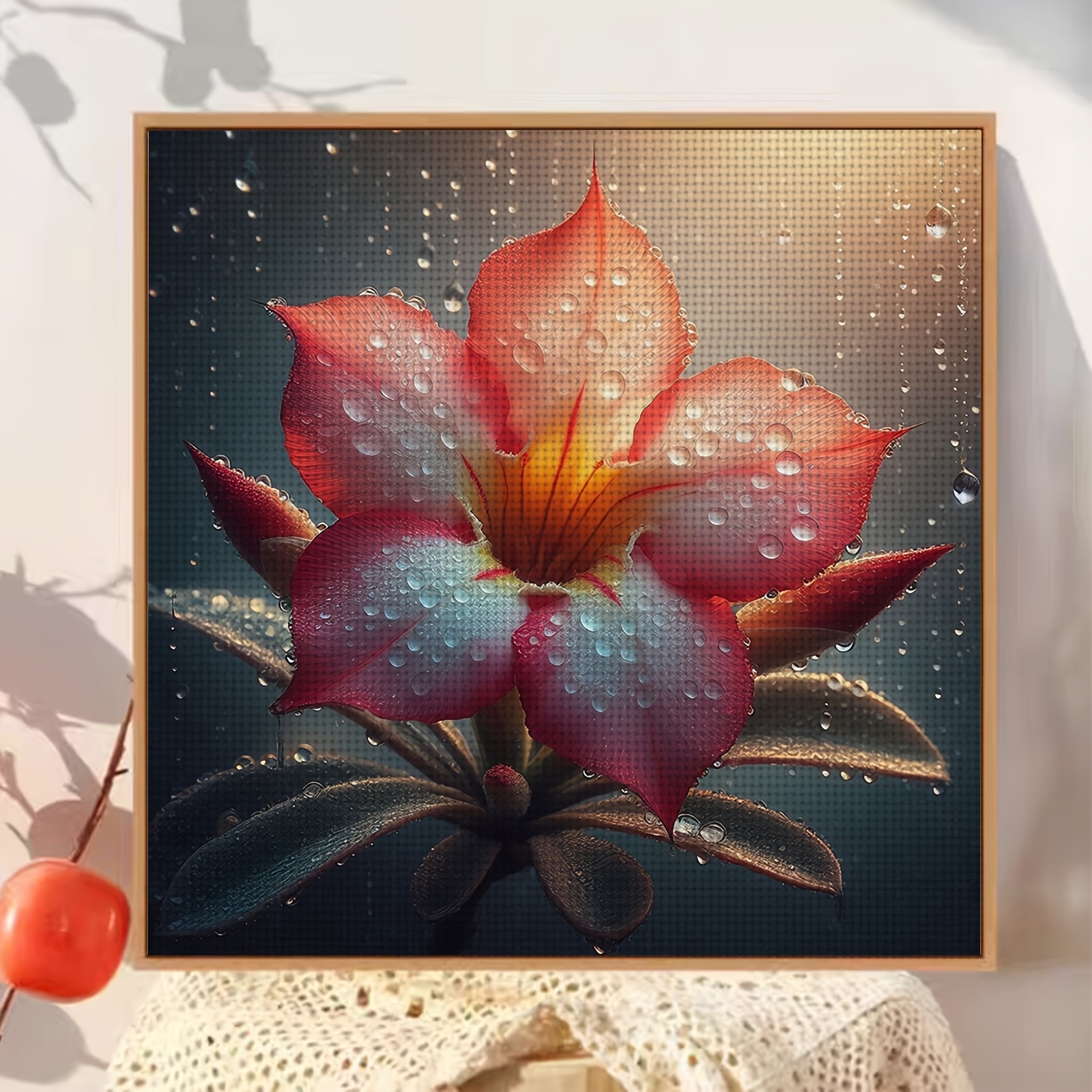 Complete DIY Cross Stitch Kit, Pink Floral with Sparkling Dewdrops
