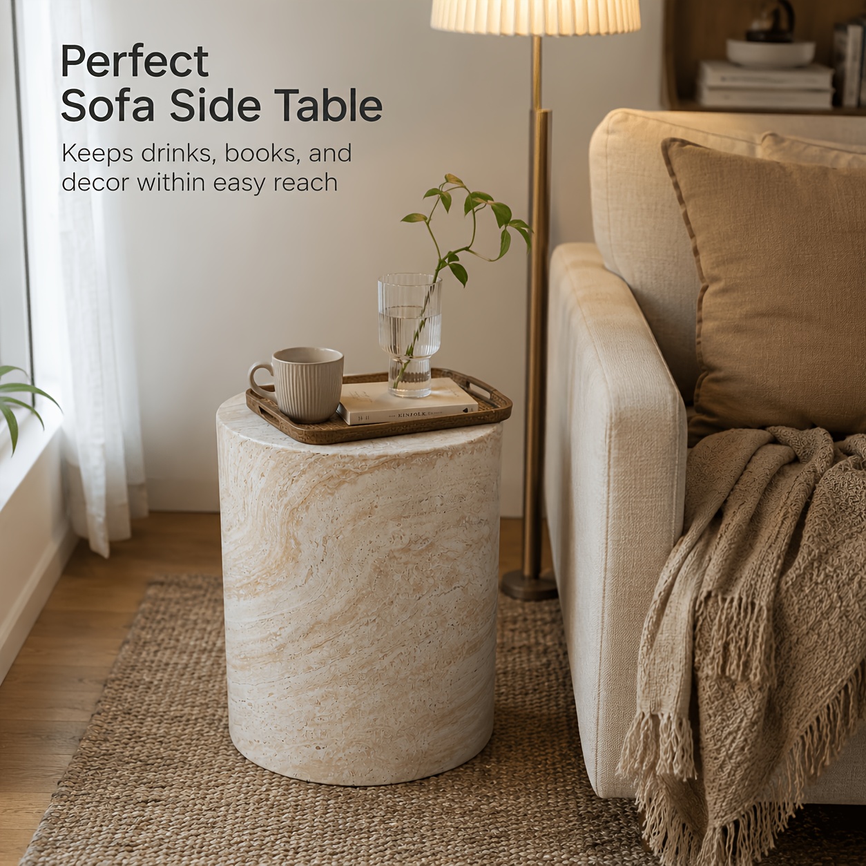 Modern Faux Marble Column Side Table, Minimalist Round Pedestal Coffee Table, Artistic Display Stand for Living Room & Hotel, Aesthetic Home Decor