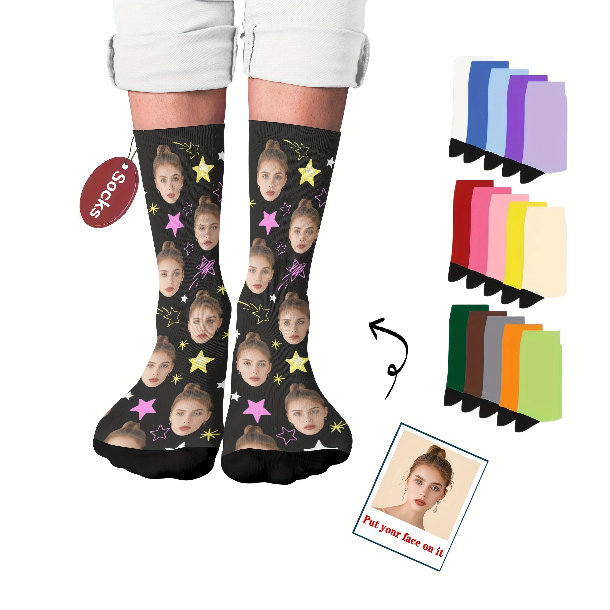 

Custom Face Socks, Personalized Funny Gift Crew Socks With Photo Customized, Stars And Faces Print, Novelty Trendy Party Present Socks For Men Women