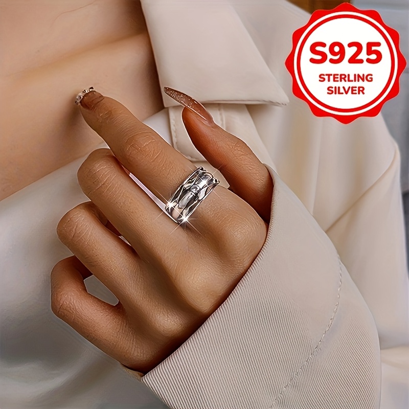 TEMU 1pc S925 Sterling Silvery For Women, Simple Geometric Irregular Design - Wide Band Ring Inlaid With Synthetic Synthetic Zirconia, Vintage Unisex