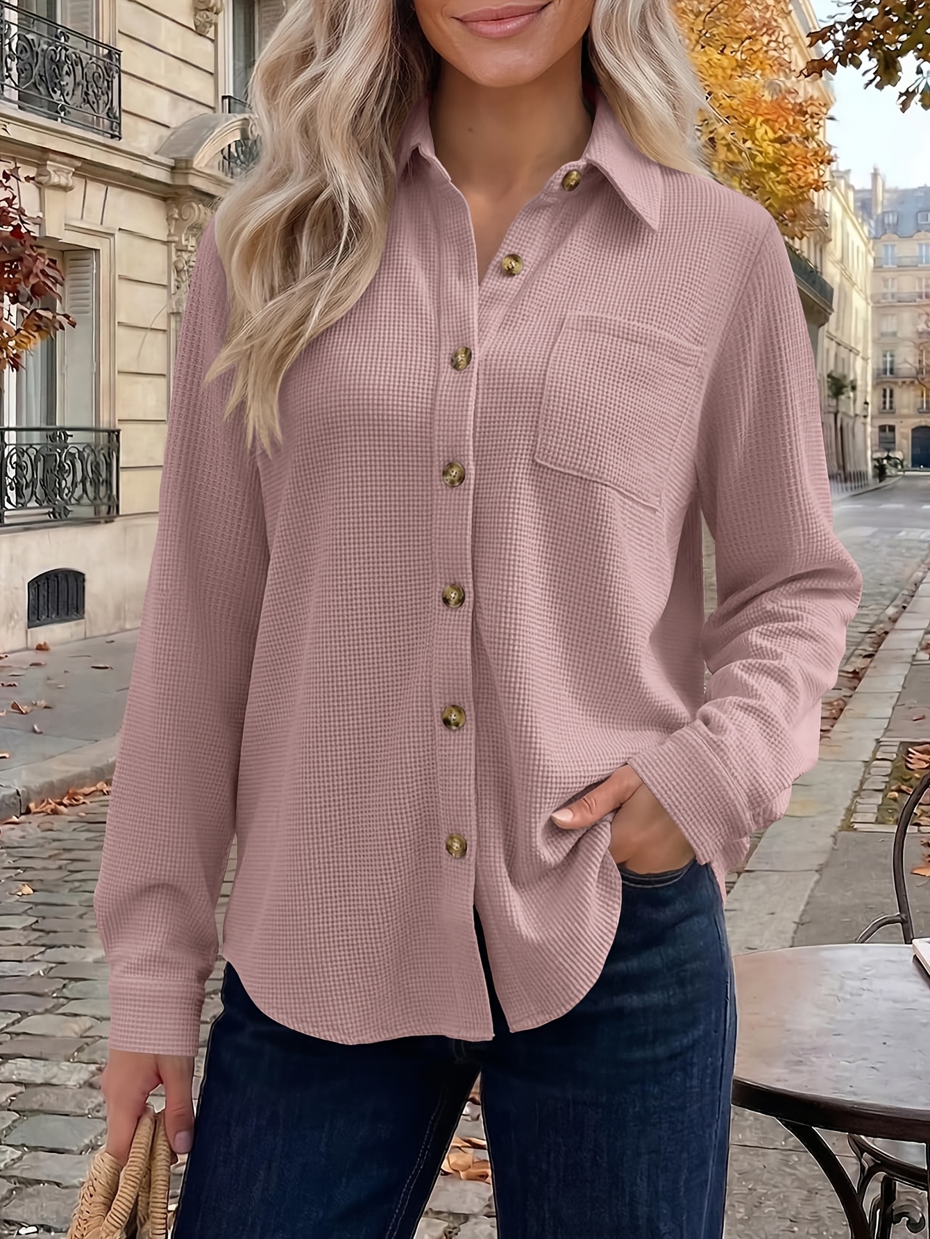 lockere waffelstrick-strickjacke für damen, lässiges langarm-basic-shirt mit   knöpfen