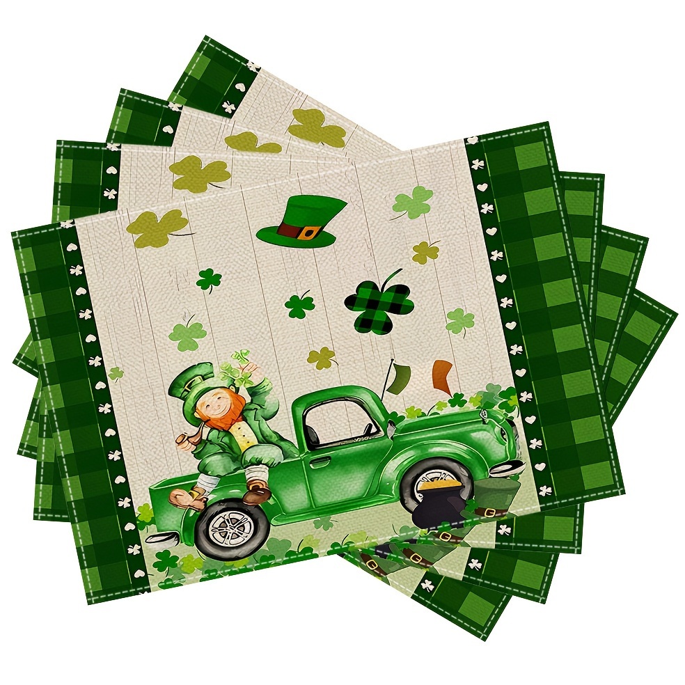 

's Day 4pcs Linen Placemats Set - 12"x18" Green Truck & Design, Washable Table Decor For Dining & Parties