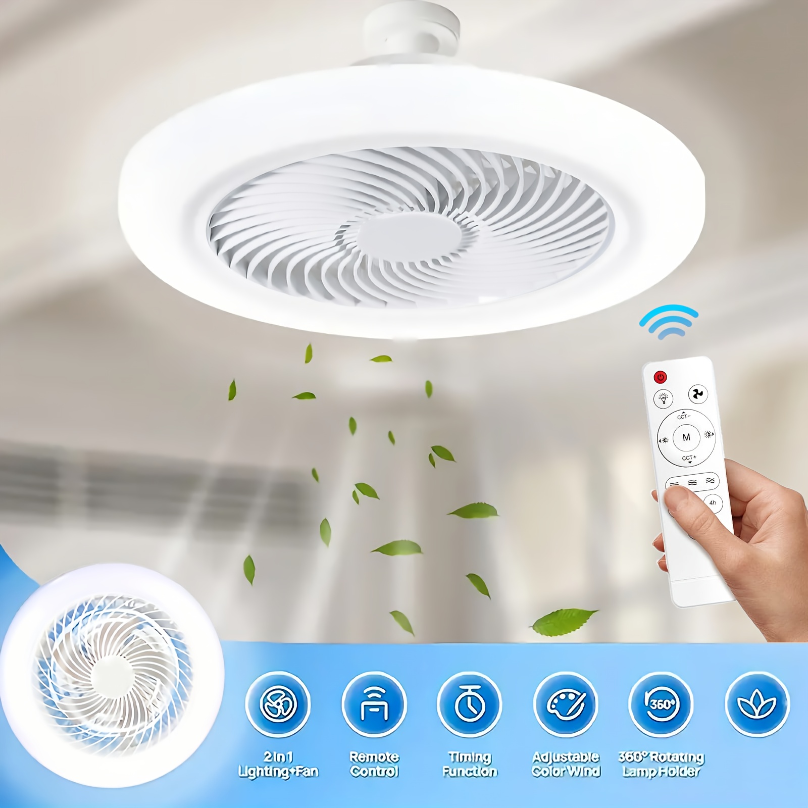 Lámpara de Ventilador de Techo con Casquillo E27/E26, Disponible en Tamaños de 52.07cm y 41.91cm. Incluye Atenuación Remota de 3000K a 6500K, Tres Velocidades de Viento Silenciosas, un Temporizador de 2 o 4 Horas y Fácil Instalación Sin Herramientas, Adecuado para Hogares y Espacios Pequeños