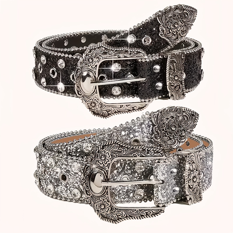 luxurious sparkly sequin belt black silvery western punk style   embellished belt with rivet decorations exquisitely carved silvery   adjustable holes   metal accent for halloween summer school autumn halloween