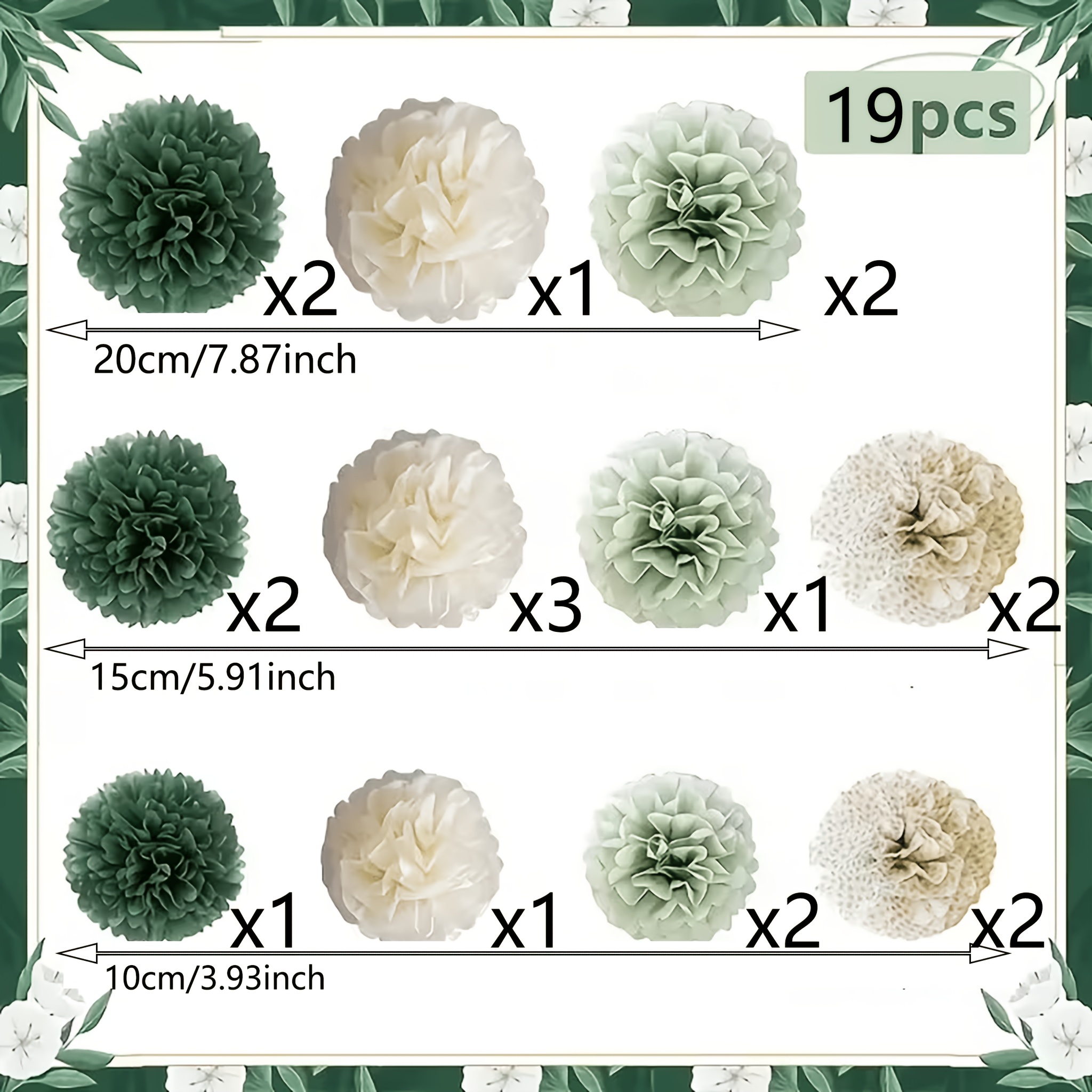 TEMU Juego de 19 piezas de de papel de la serie - Elegantes de papel florales en verde escocés y verde Hunter + flores de papel degradadas, para