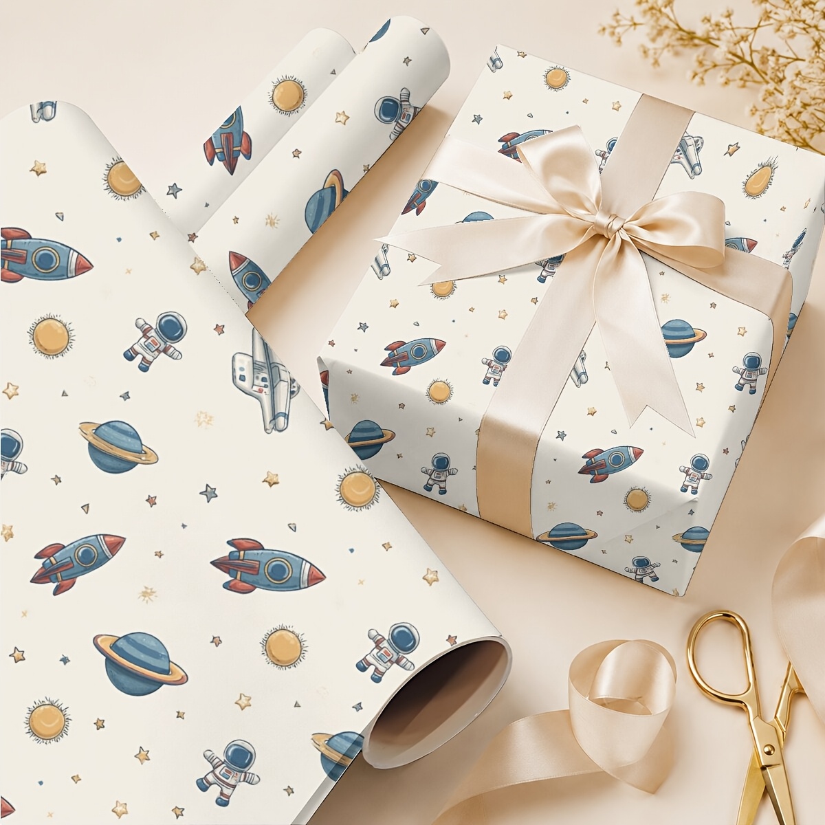 TEMU Rotolo di Carta da Regalo 19,69in x 118,11in con Motivo Spaziale Astronauta Pianeti per San Valentino Compleanni Addii al Nubilato Baby Shower