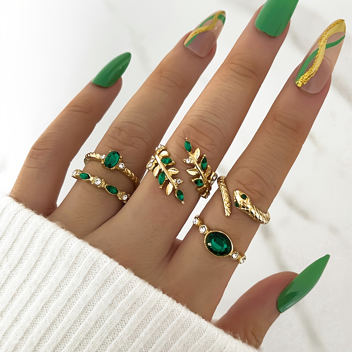 vintage elegant leaf snake design rhinestone stacking rings set 5 piece alloy ring pack with green accents for daily vacation wear details 1