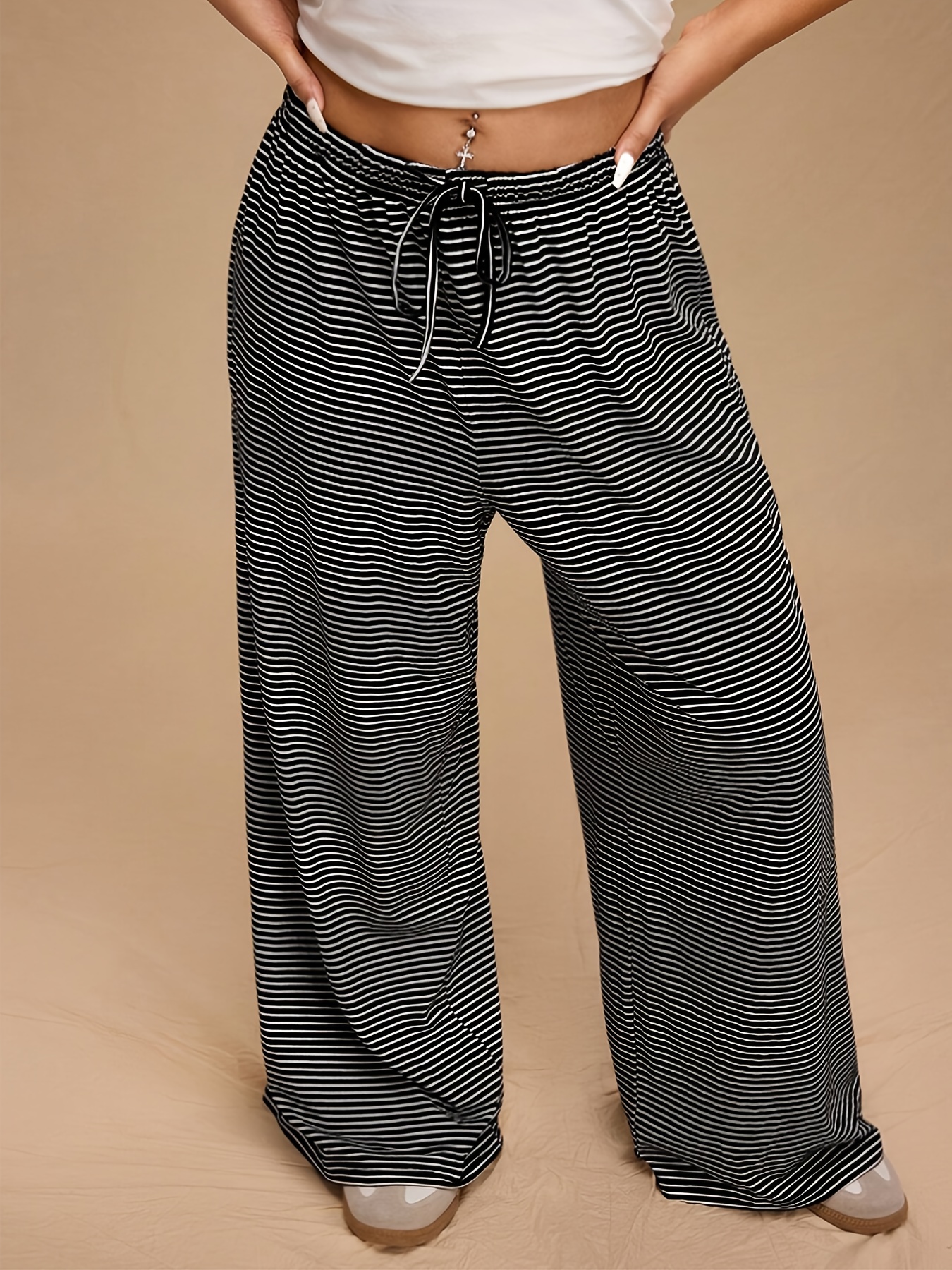 plus size womens plus size striped wide leg pants drawstring