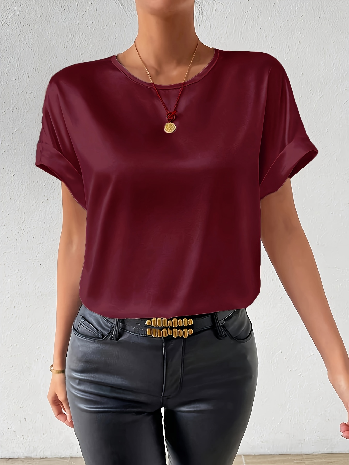 Women'S Plus Size Light Blue Woven Blouse - Elegant Short Sleeve Crew Neck, Solid Color, Non-Stretch Fabric, Perfect for Summer, Casual Summer Wear|Sleek Fitted Look|Nonstretch Material, Plus Size Blouses