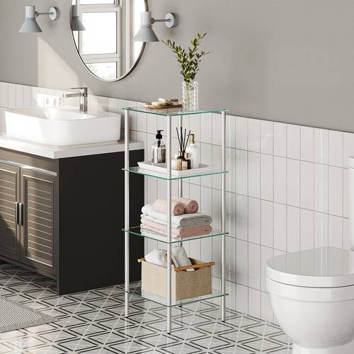 a glass shelving unit with 4 vertical shelves durable and suitable for small spaces saving space suitable for bathrooms bedrooms home offices tempered glass silvery color