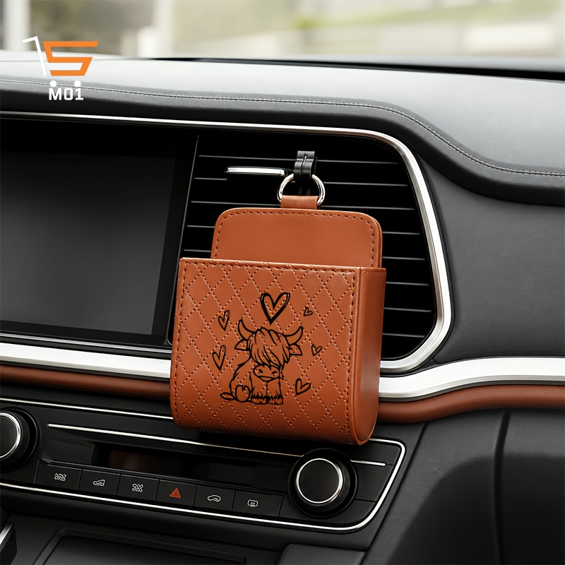 TEMU 1pc Highland Cow With Hearts Line Art Pattern Print Car Vent Hanging Storage Box Car Organizer Multifunctional Phone Holder Pu Leather Car Phone