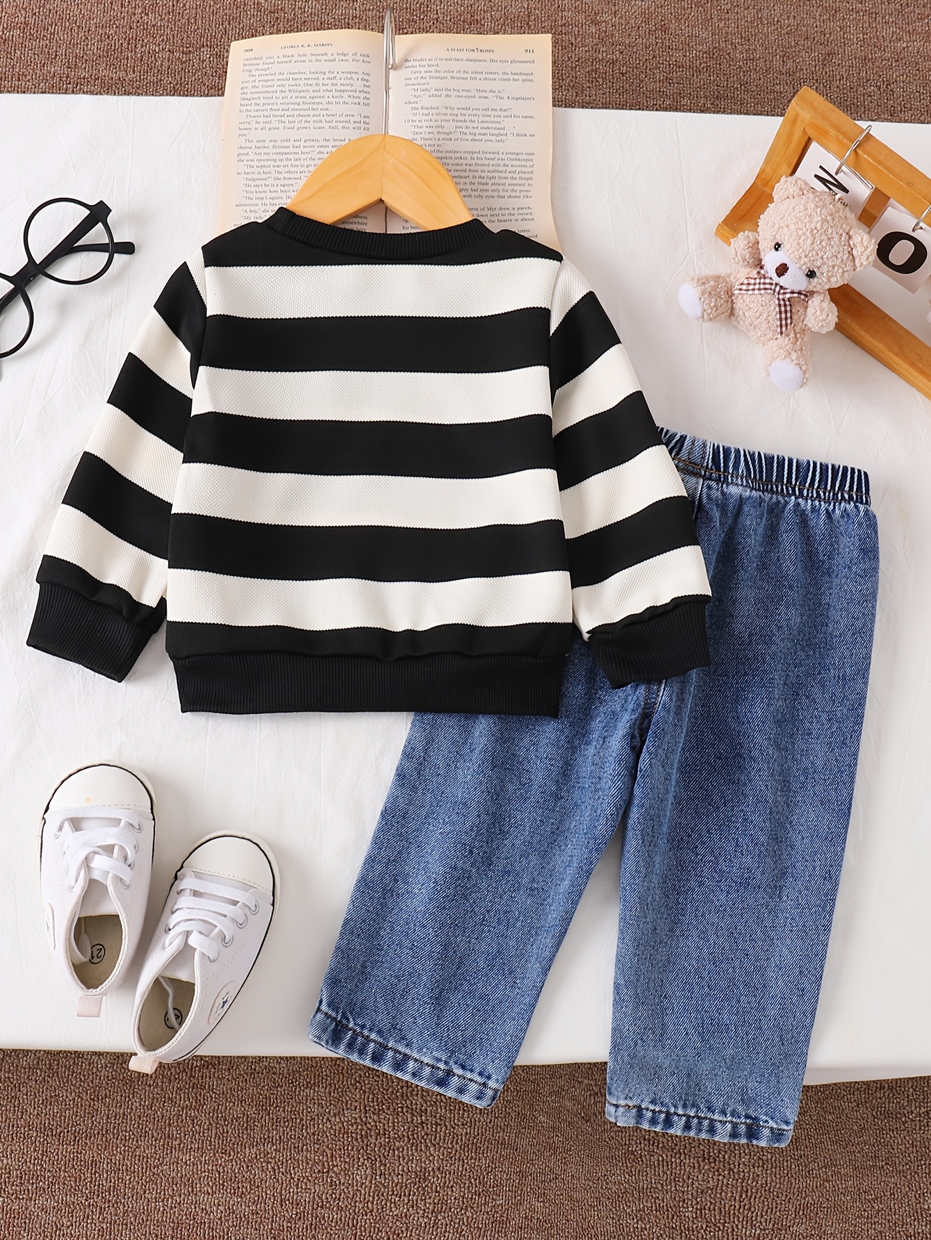 2pcs denim set with striped long sleeves cute 3d bear patch for adorable charm warm and comfortable soft light beige friendly fabric elastic waistband for easy on off   outdoor Product details 5