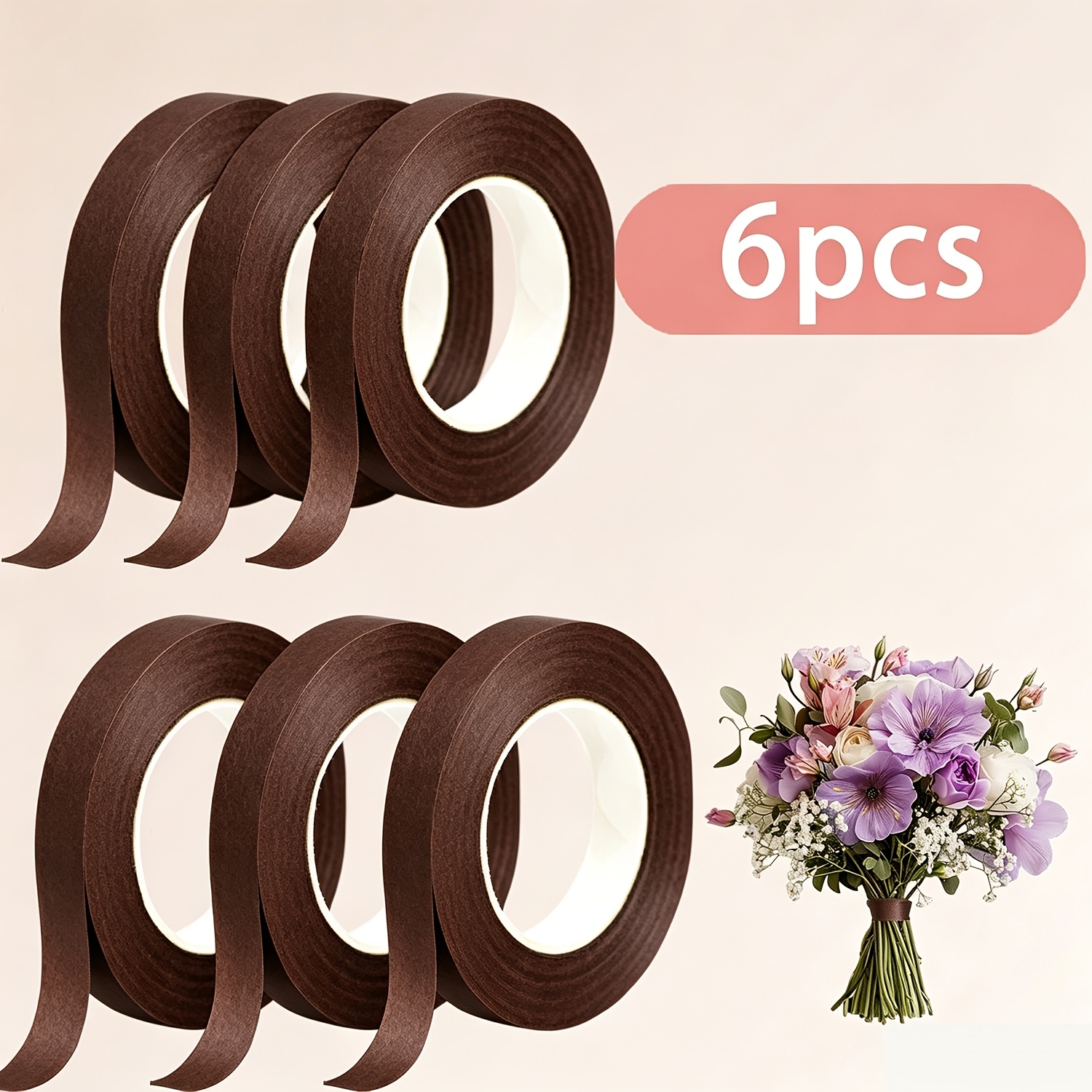 TEMU 6 Rouleaux de Ruban Floral Extensible Vert Foncé/Café pour Envelopper les Tiges de Fleurs, Ruban de Fleuriste en Papier Revêtu de Plastique pour