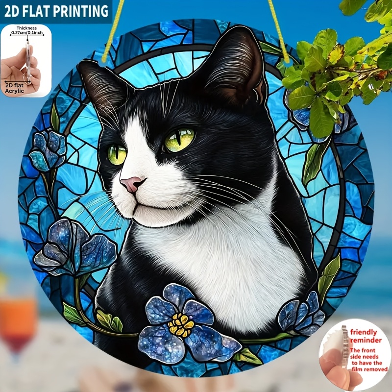 TEMU 2d Flat, 1pc, 2d Flat Elegant Tailcoat Cat Window Decoration - Round Hanging Acrylic Ornament With Blue Floral Pendant, Suitable As Gift For Cat