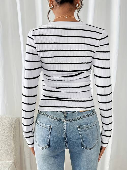 v neck striped pattern casual long sleeve t shirt
