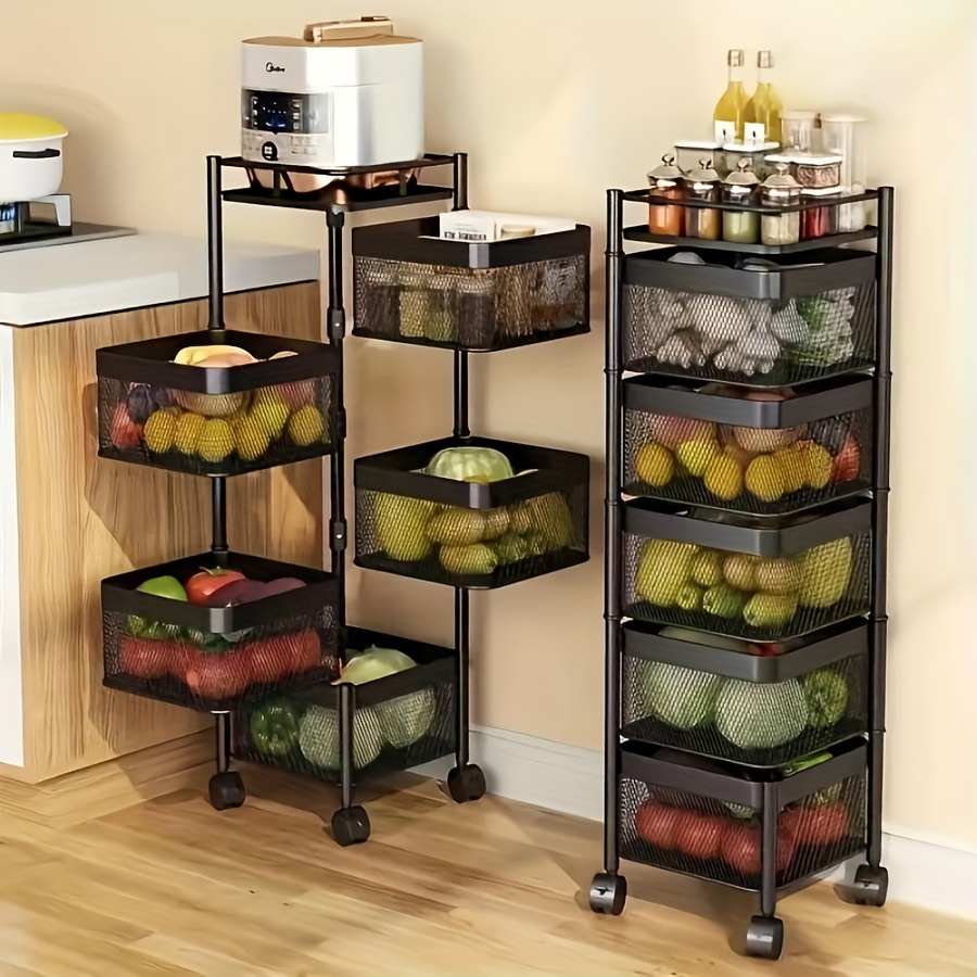 Chariot De Rangement Cuisine 5 Niveaux - Bois Et Métal, Tiroirs Coulissants, Roulettes, 32,5x36,5x82 Cm, Pour Fruits, Légumes, Micro-ondes… - 6