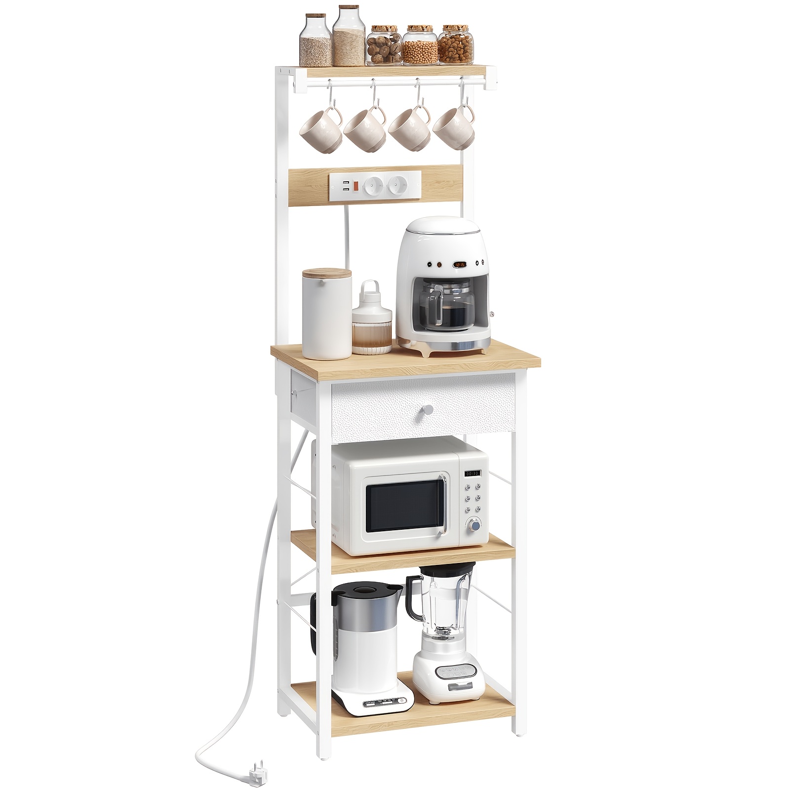 TEMU Estante de horneado estilo - Estante de almacenamiento de cocina de 4 niveles con toma de corriente y 4 ganchos, adecuado como soporte para