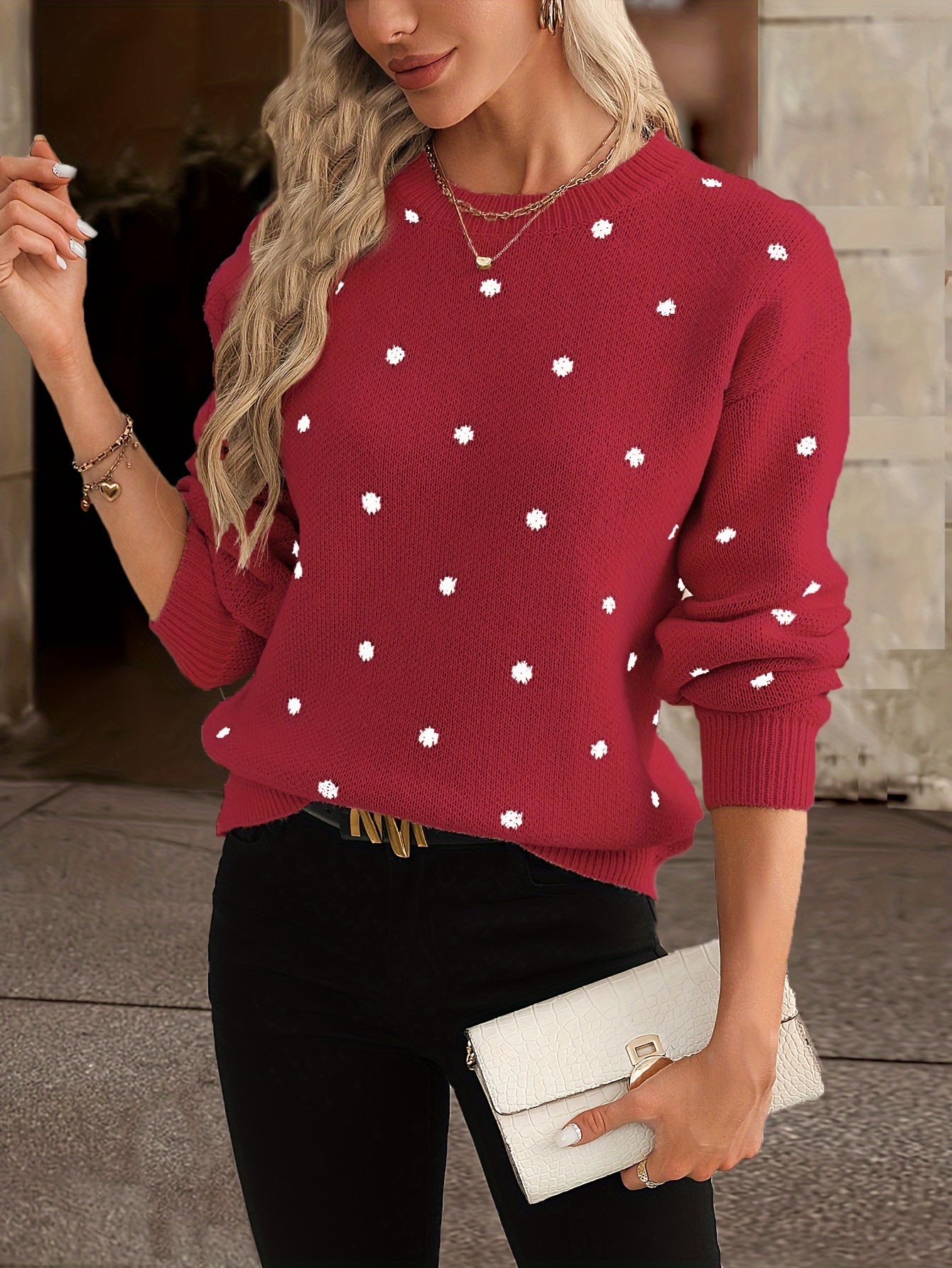 polka dot crew neck pullover sweater elegant long sleeve basic sweater womens clothing details 0