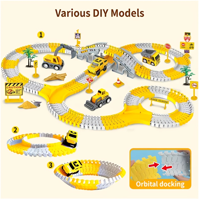 Toy Construction Track SetIncludes 2 Electric Vehicles And 4 Construction VehiclesBattery-powered (non-rechargeable)Orange Plastic Tracks Suitable for Kids Aged 3-6Perfect Christmas Gift