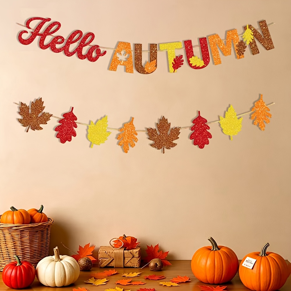 TEMU 1set Fall Garland Glitter Banner Leaf Garlands Hello-autumn Decor Leaves Streamers Home Farmhouse Garden