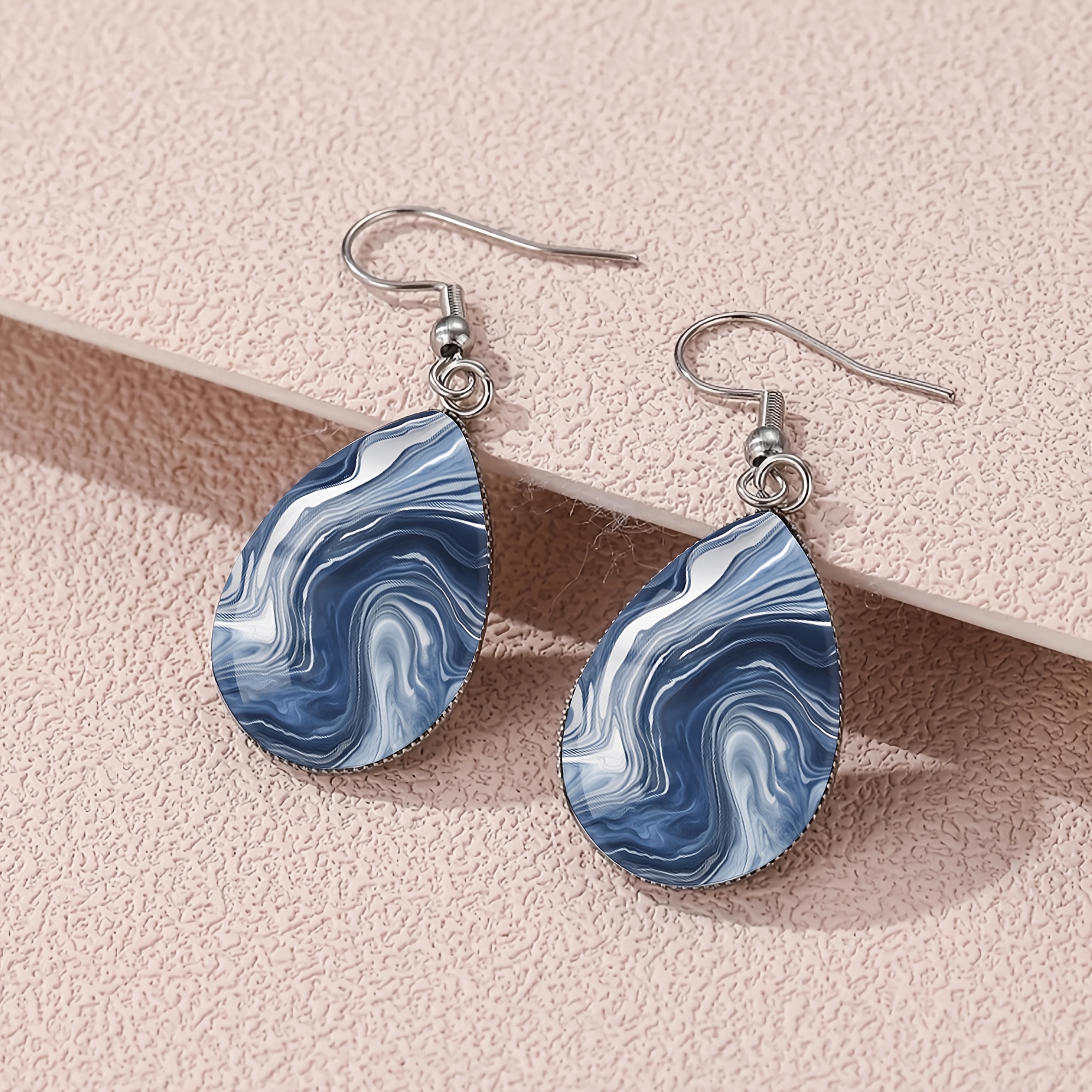 TEMU 1 Pair Of Wave Swirl Patterned Teardrop Earrings With Convex Glass And Steel, Featuring And Suitable For Women' And Vacation Jewelry Wear