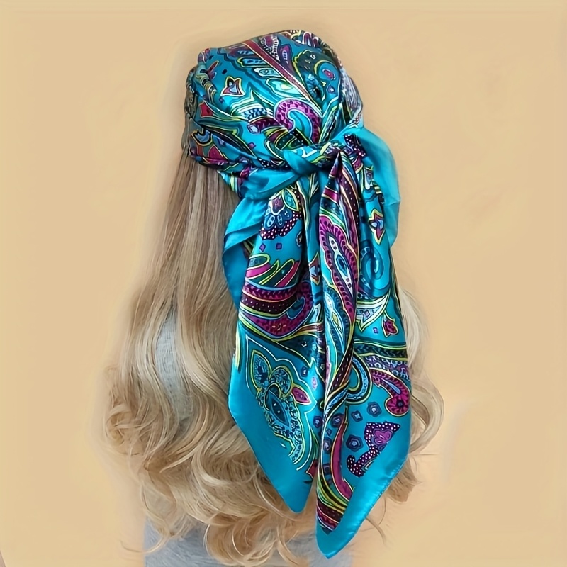 TEMU 1pc Elegant Paisley Pattern Square Scarf, 35.7" Polyester Satin-finish -like Beach & Party Accessory, Vibrant Red, Blue, Yellow, Orange & Gray