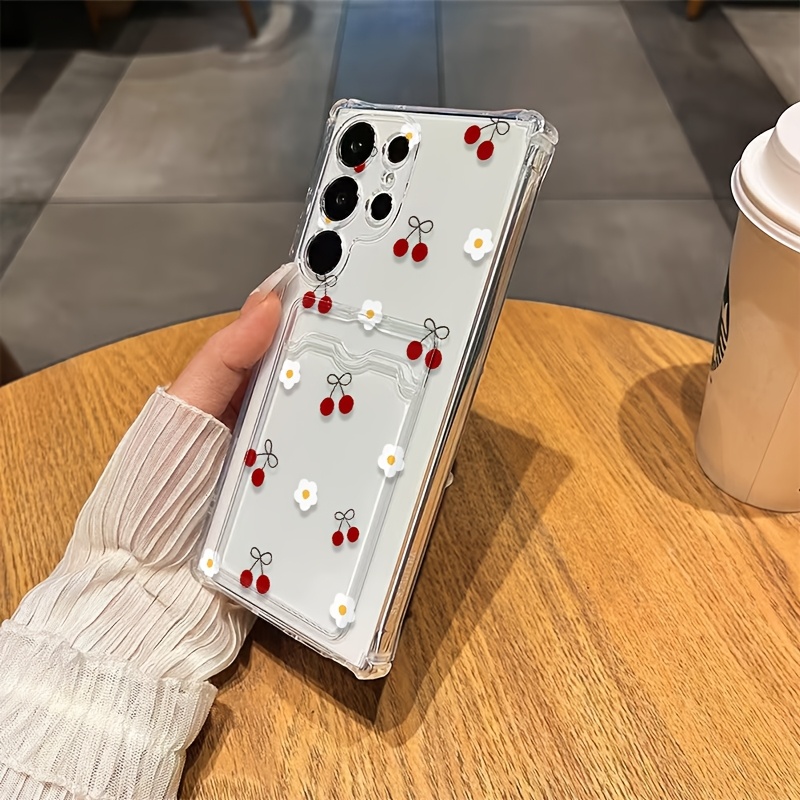 TEMU Phone Case - Cherry Flowers Premium Pattern Transparent Slot Phone Case Anti-fall And Anti-collision Protective Cover Suitable For A54/a53/a52