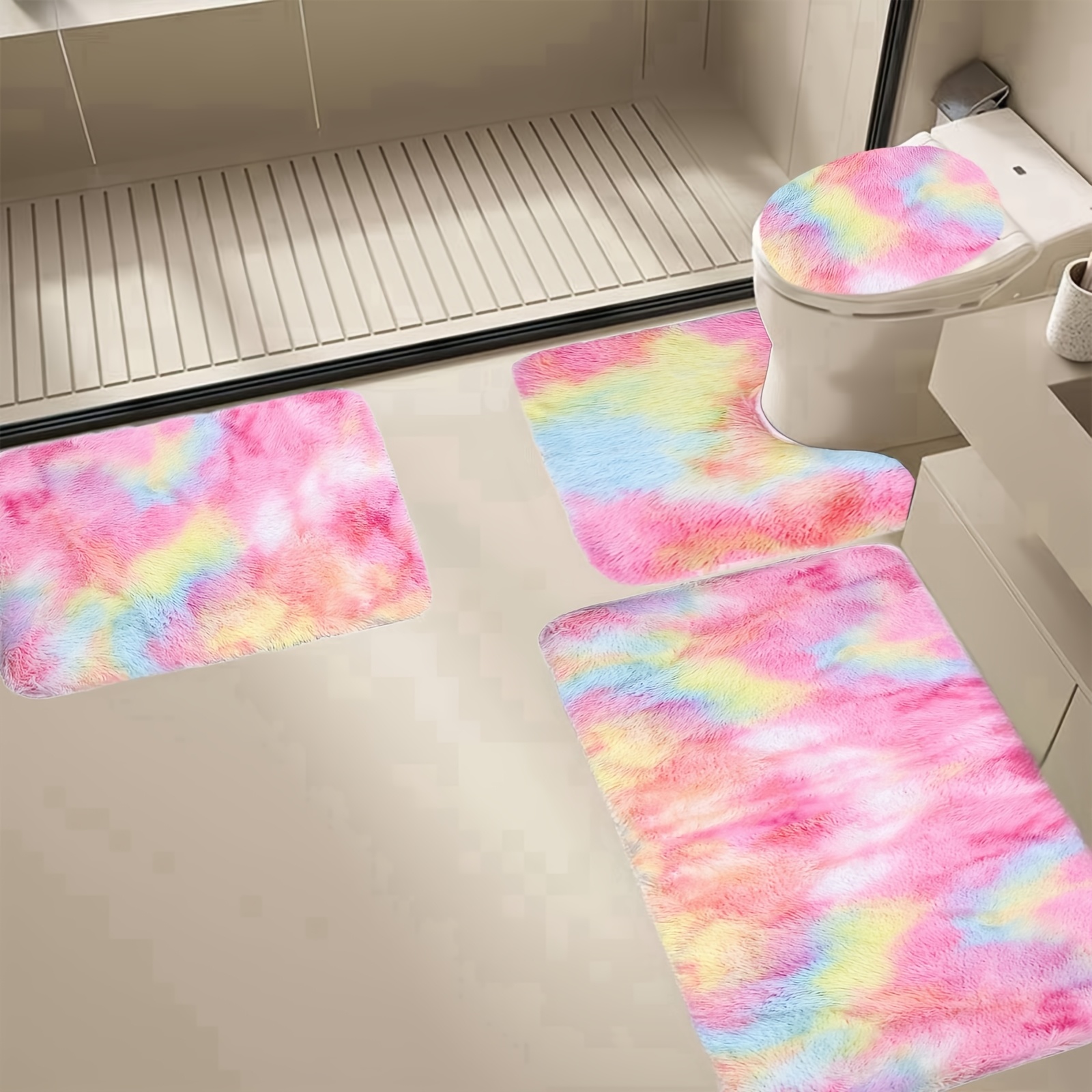 

4pcs Rainbow Bathroom Mat Set - , Non-slip & Machine Washable Mats With Super Absorbency - Includes U-shaped Contour Rug And Toilet Lid Cover Bathroom Accessories