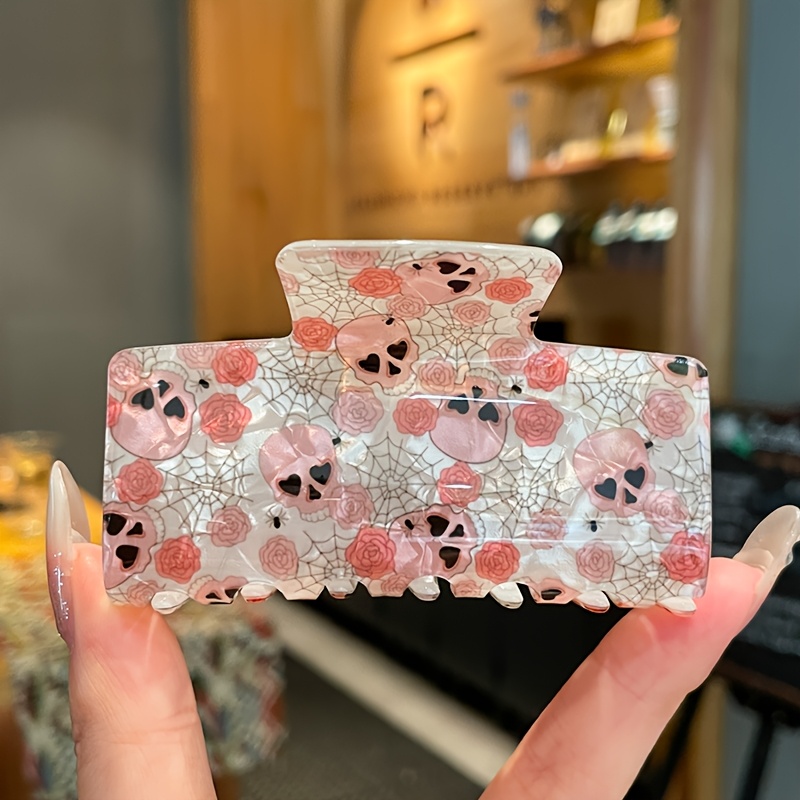 TEMU Pince à cheveux Halloween Tête de Crâne Toile d'Araignée Imprimé Fleur avec Grip Antidérapant et Ambiance, Accessoire Cheveux