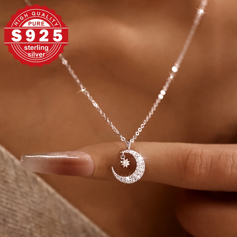TEMU S925 Sterling Silvery Women' Necklace With Sparkling Synthetic Zirconia - Elegant & Hypoallergenic, Perfect For Parties & Daily Wear, Ideal