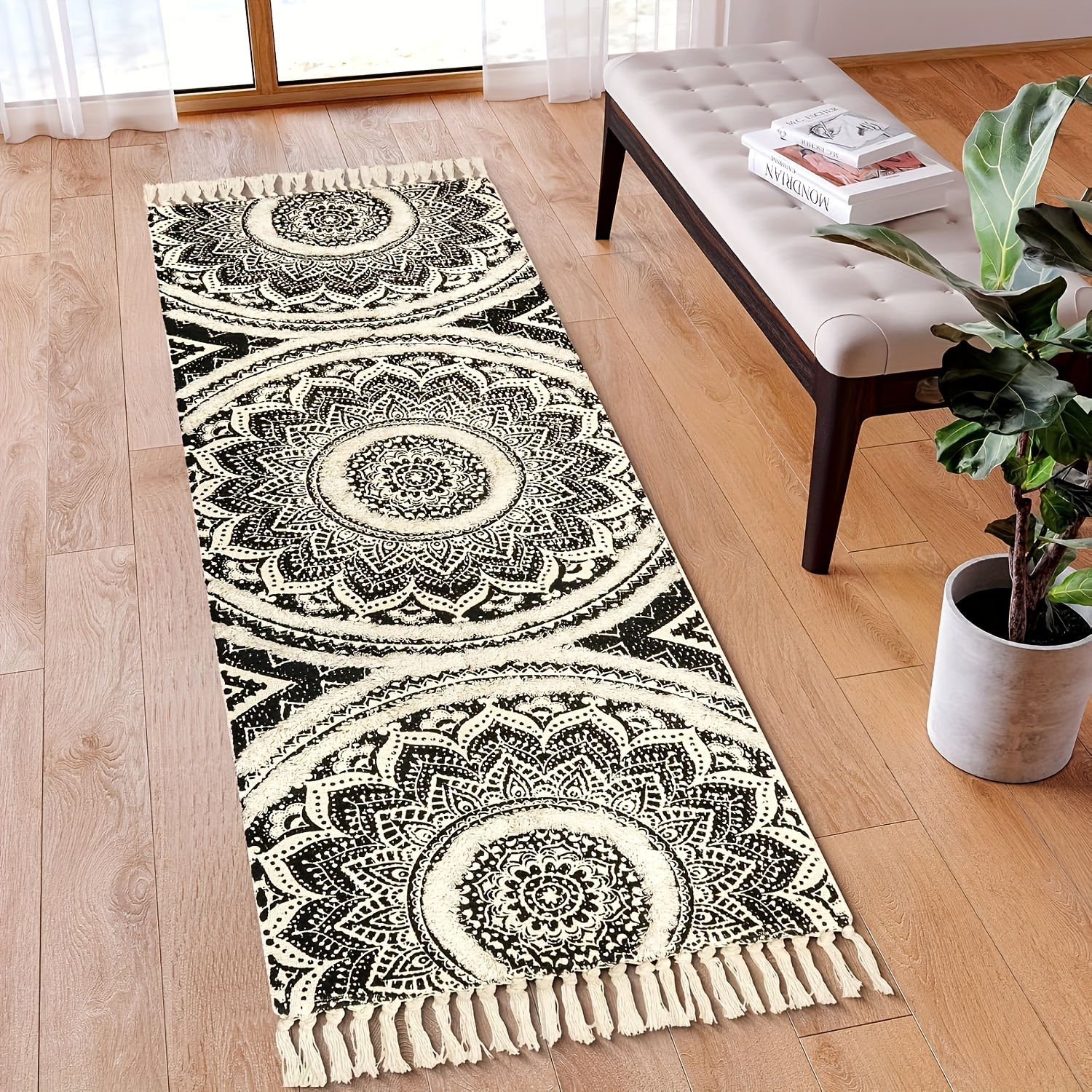 Washable Handmade Black and Cream Bohemian Runner Rug