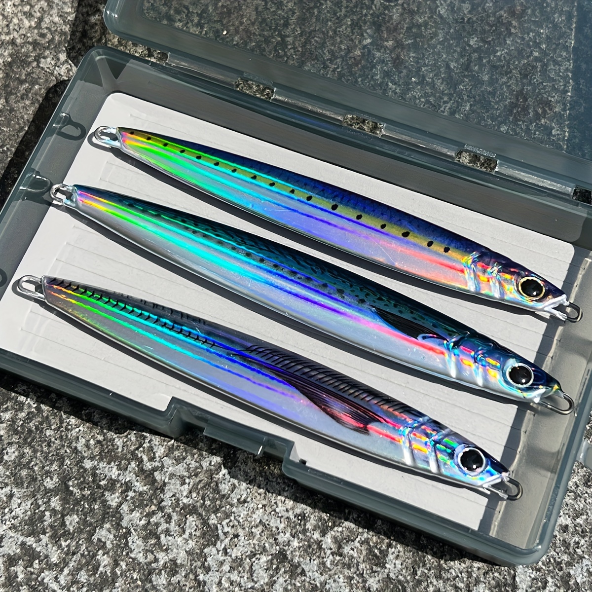 

3pcs Holographic Long-distance Casting Metal Jig Fishing Lures, 60g/80g/100g - Iridescent Sinking For Deep Sea & Tuna Fishing, Copper Alloy With Treble Hooks, Fishing