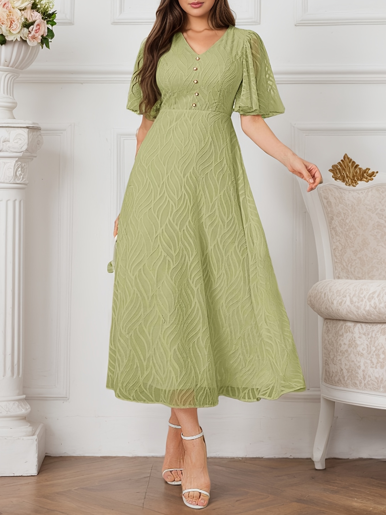 Womens Sage Green A Line Midi Dress with Flutter Sleeves
