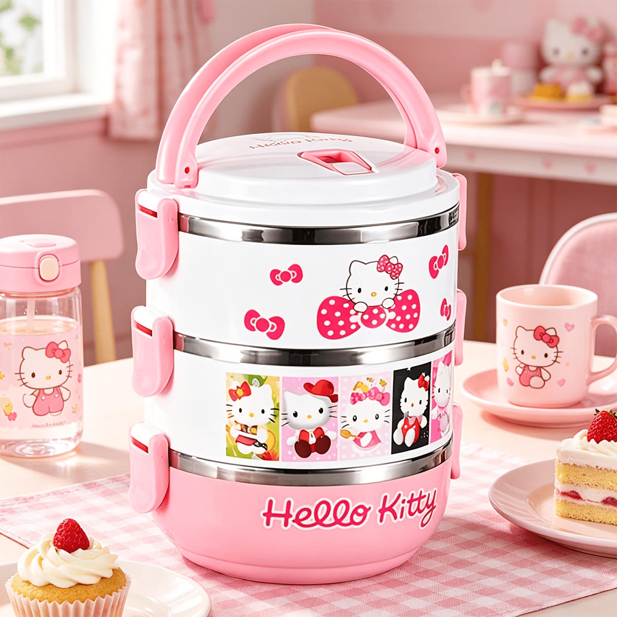 TEMU Hello Kitty Stainless Steel Lunch Box - Cute Pink And White Hello Kitty Design With Iconic Bow And Happy Face, 304 Portable Bento Box For Picnic