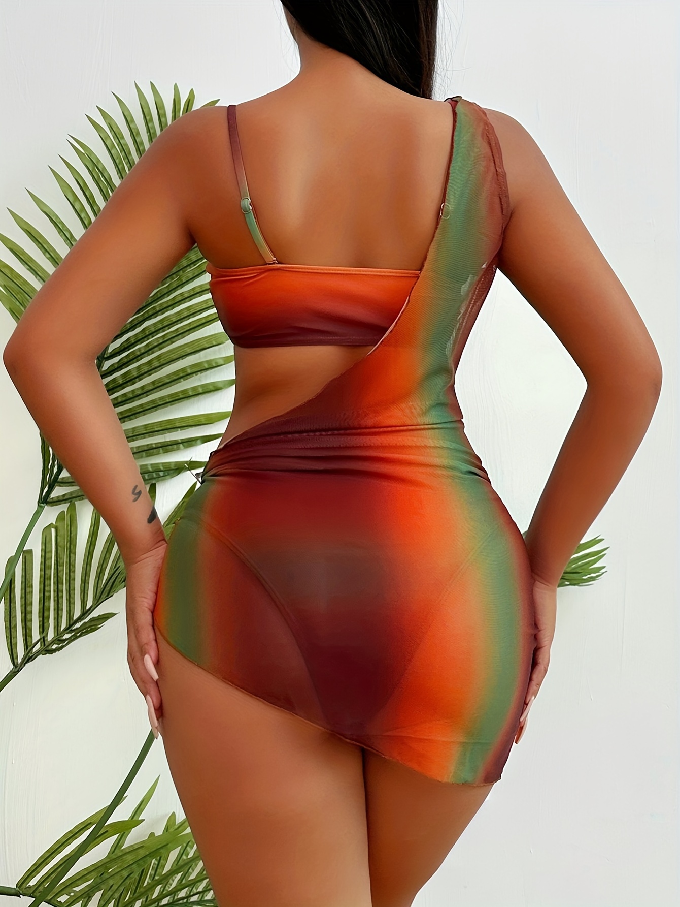 Vacation-style Ethnic-inspired Brown Ombré Print Asymmetric One-shoulder Mesh Skirt with Tube Top Split Bikini 3pcs Set - Image 2