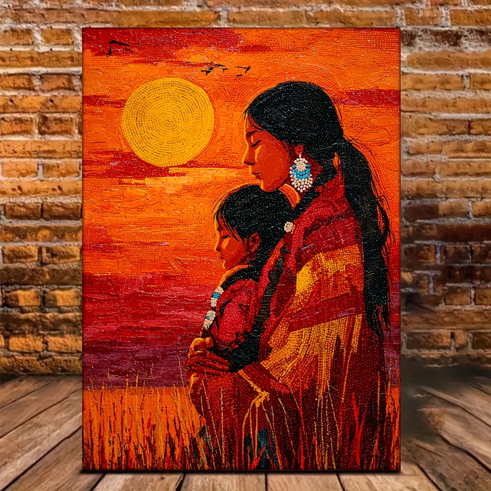 TEMU 2D Plat, 2D FLAT1 présente une pixel art de vibrant d'une mère américaine avec peinture sur toile - , orange, jaune et marron - parfait pour la