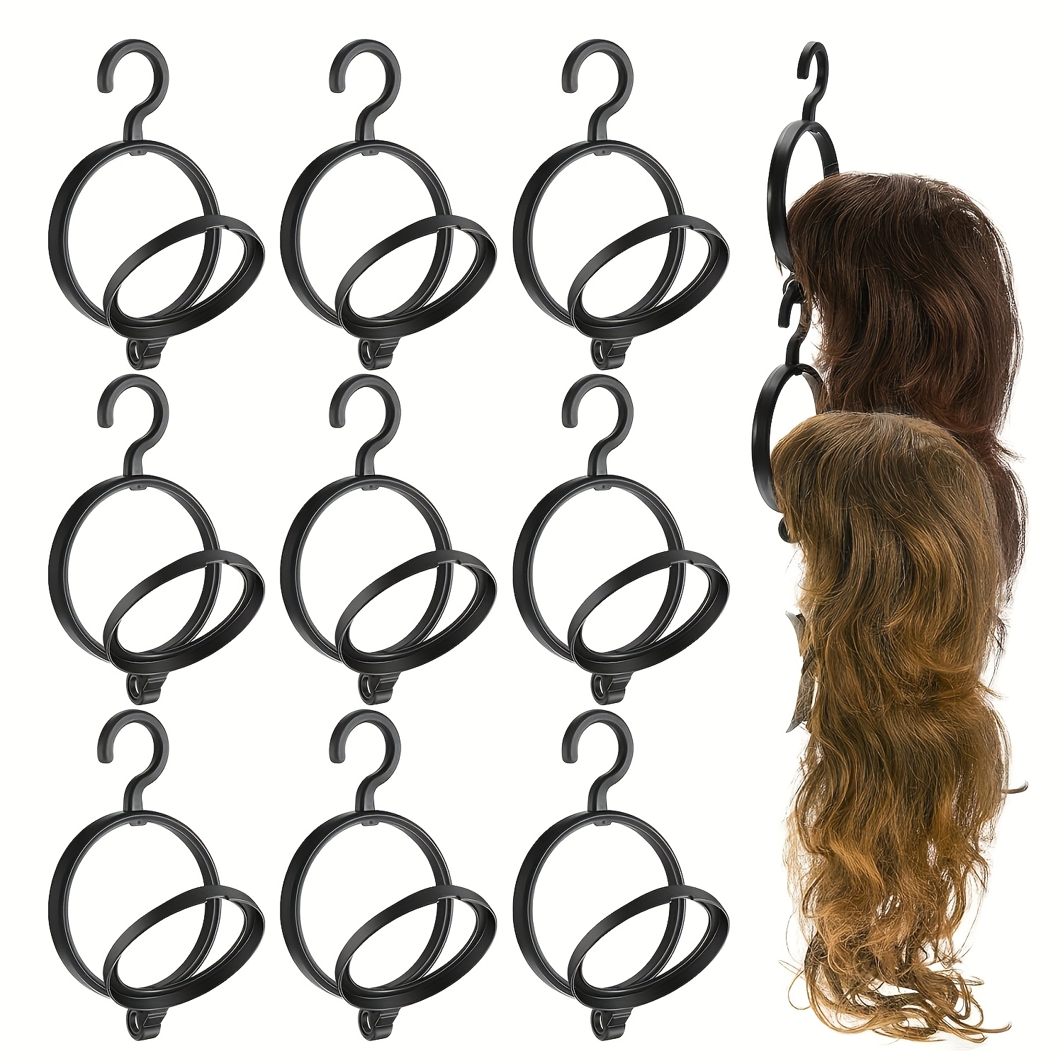 Image of A Set Of 9 Hanging Wig Stands, Foldable And Portable, Suitable For Wigs And Hats, Ideal For Travel Styling And Wig Replacement, Maintains Wig Shape, Black, Unisex Adult Size.