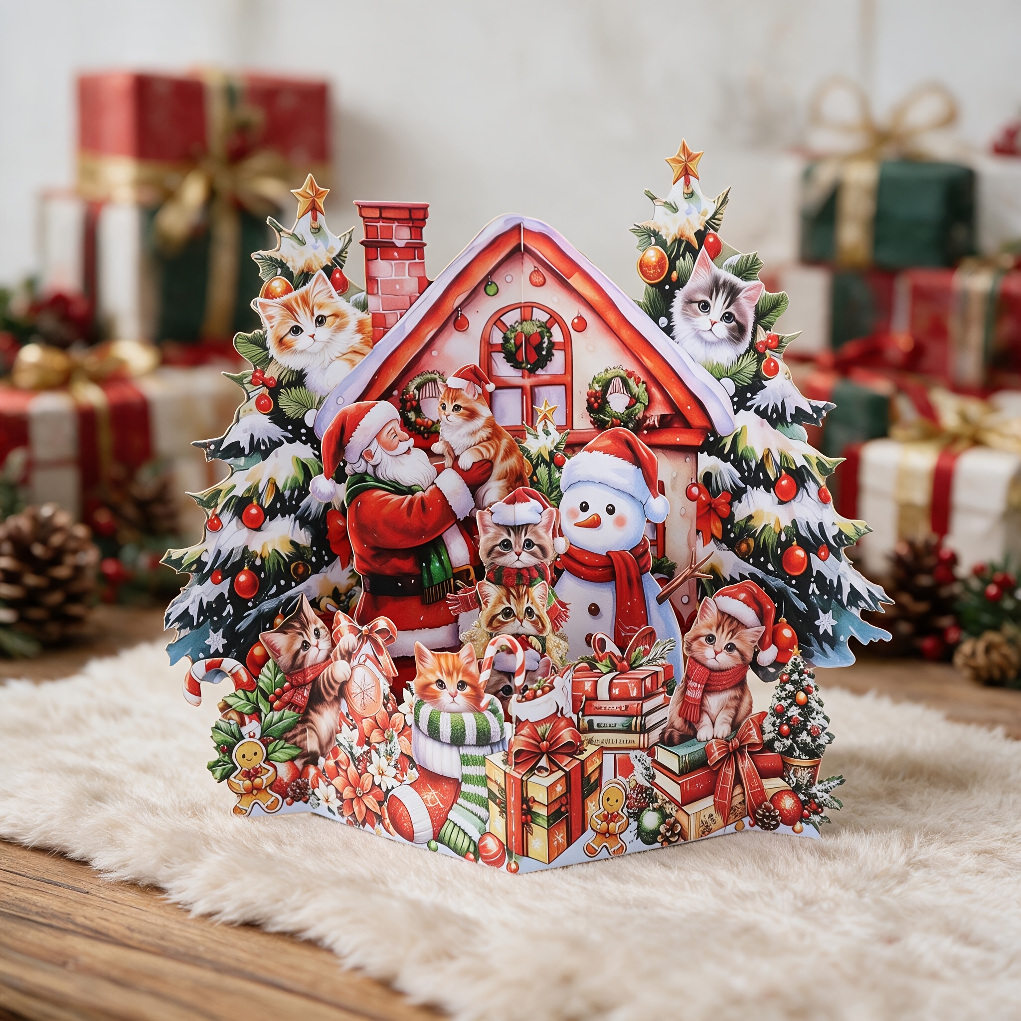 TEMU 1pc Santa Claus And Kitten Christmas Cottage 3d Pop-up Greeting Card, Cute Santa Snowman Gift Stocking Gingerbread Man Scene, Pink Cottage Snowy