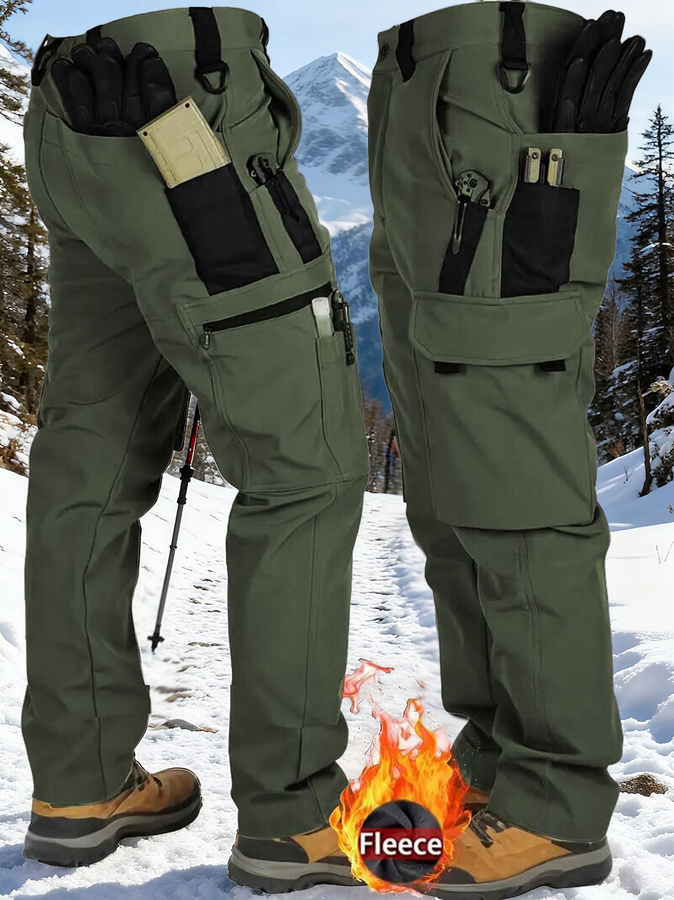 Men's Fleece-Lined Windproof Cargo Pants for Outdoor Activities