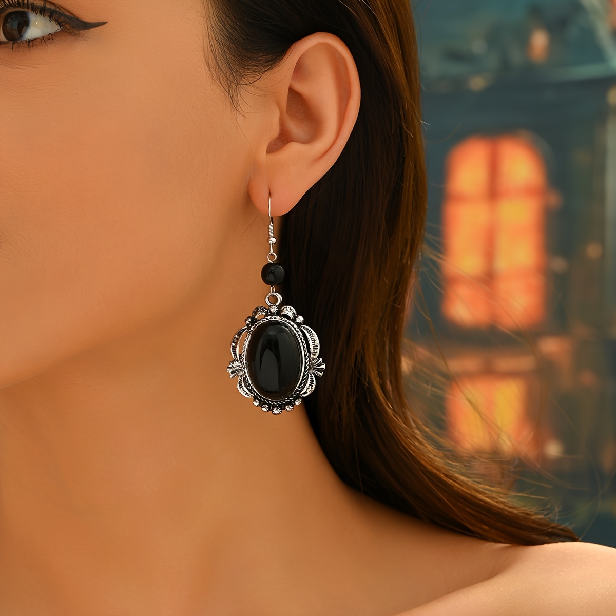 Image of 1 Pair Fashion Dark Gothic Style Halloween Geometric Hollow Lace Geometric Black Oval Stud Earrings, Festive Party Wear