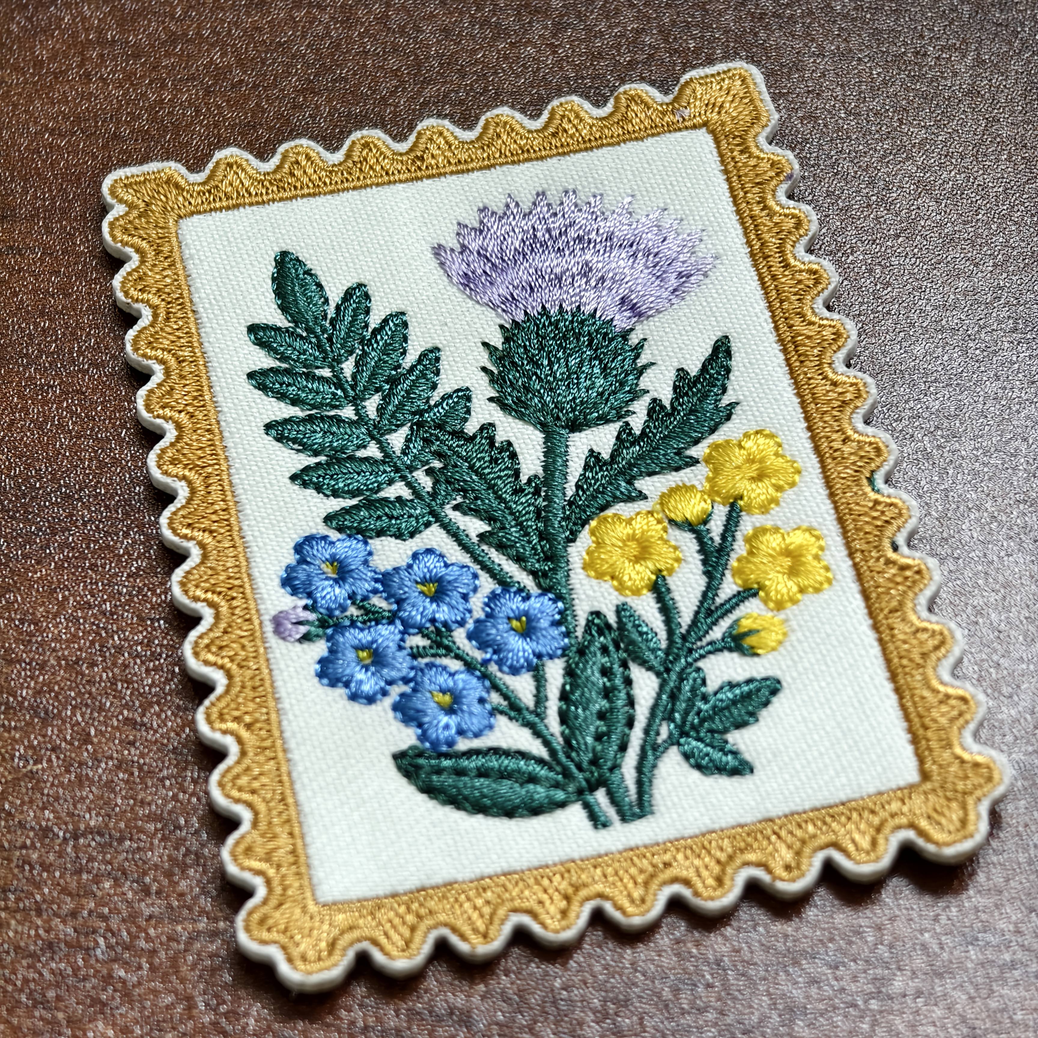 TEMU 1pc Scottish Thistle Me Not Embroidery Cloth Patch Botanical Stamp Style Iron-on Patch Suitable For Clothing Jacket Hat Backpack Additions