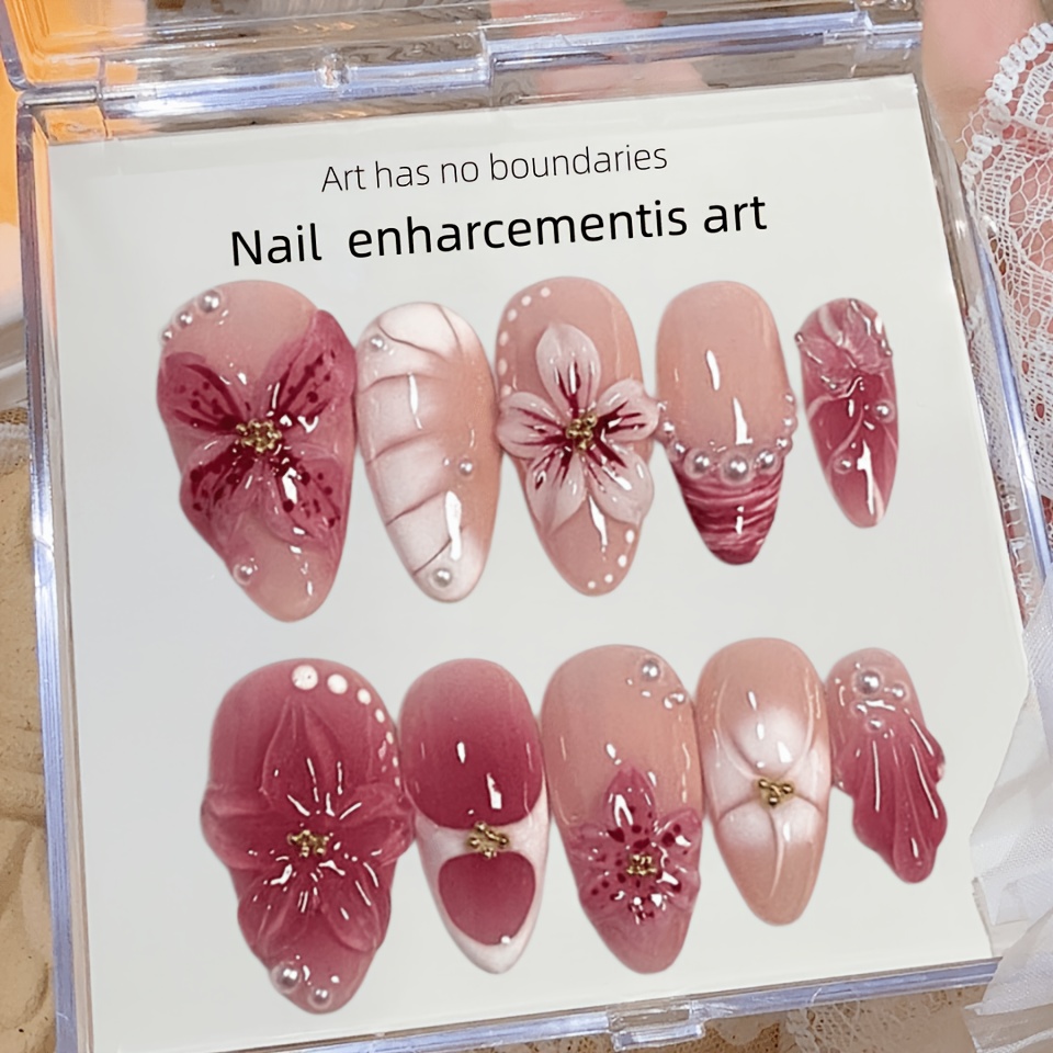 TEMU Nude Pink Gradient 3d Press-on Nails Suitable For & Date - Medium-long Almond False Nails With Decor, Pre-made Gel/nail Polish Application, Gel