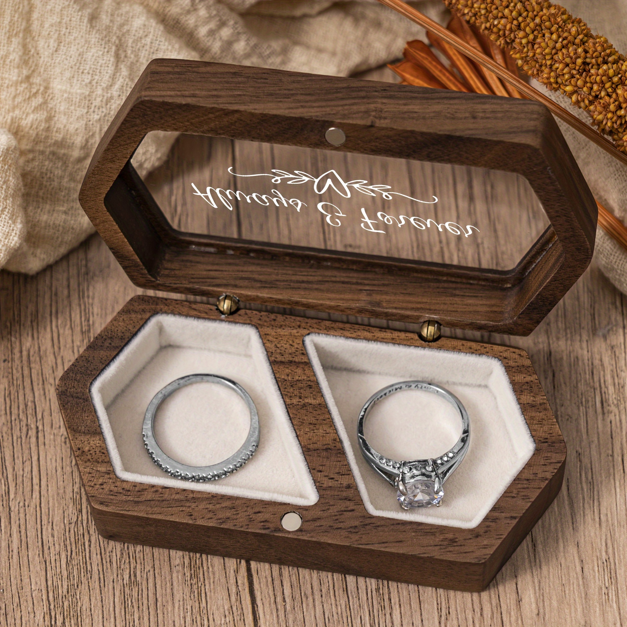Image of " & Forever" Engraved Wooden Ring Box - Double Slot, Perfect For Wedding & Proposal Rings | Romantic Gift For Wife, Jewelry Making Display & Packaging Supplies, Beading&jewelry Making
