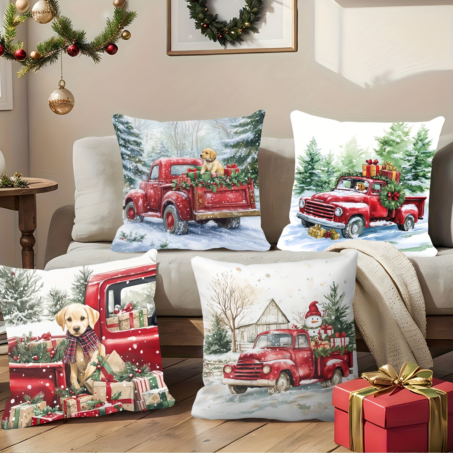 

4pcs Christmas Set - 18x18 , & Snowman Zip , Polyester - For Sofa And