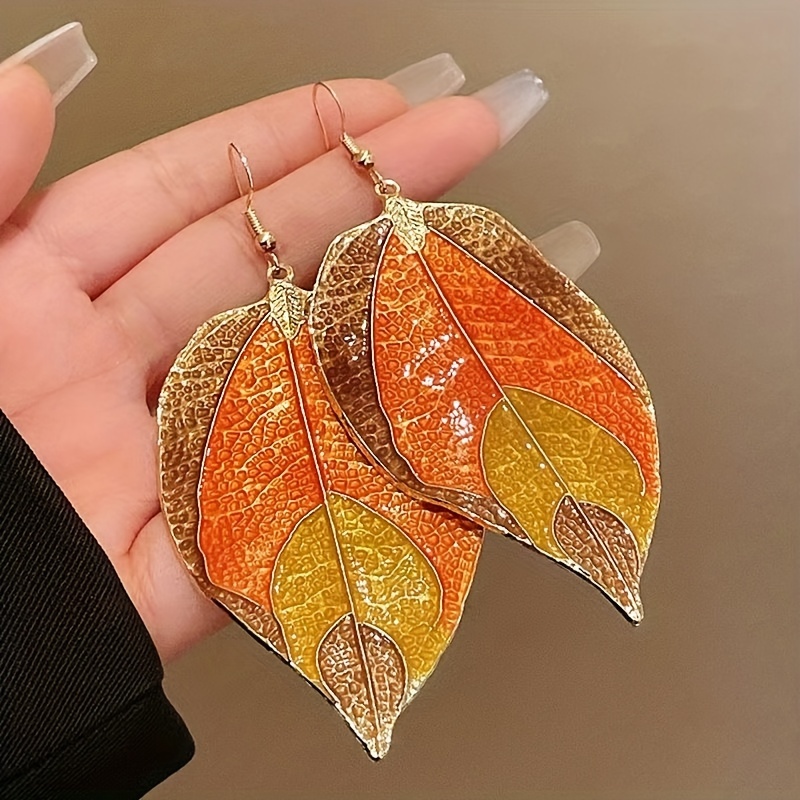 

Bohemian Vintage Oversized Yellow & Brown Ombre Leaf Metal Earrings, French Chic Fashion Statement Jewelry