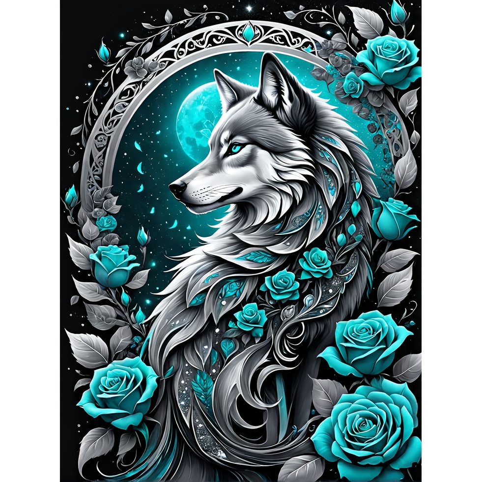 

1pc 5d Diy Wolf And Floral Kit - Adult Craft Set, 30x40cm, Round Acrylic Diamonds, Mosaic Art With Waterproof Canvas, Tools & Beads, Animal Theme Home Decor Gift