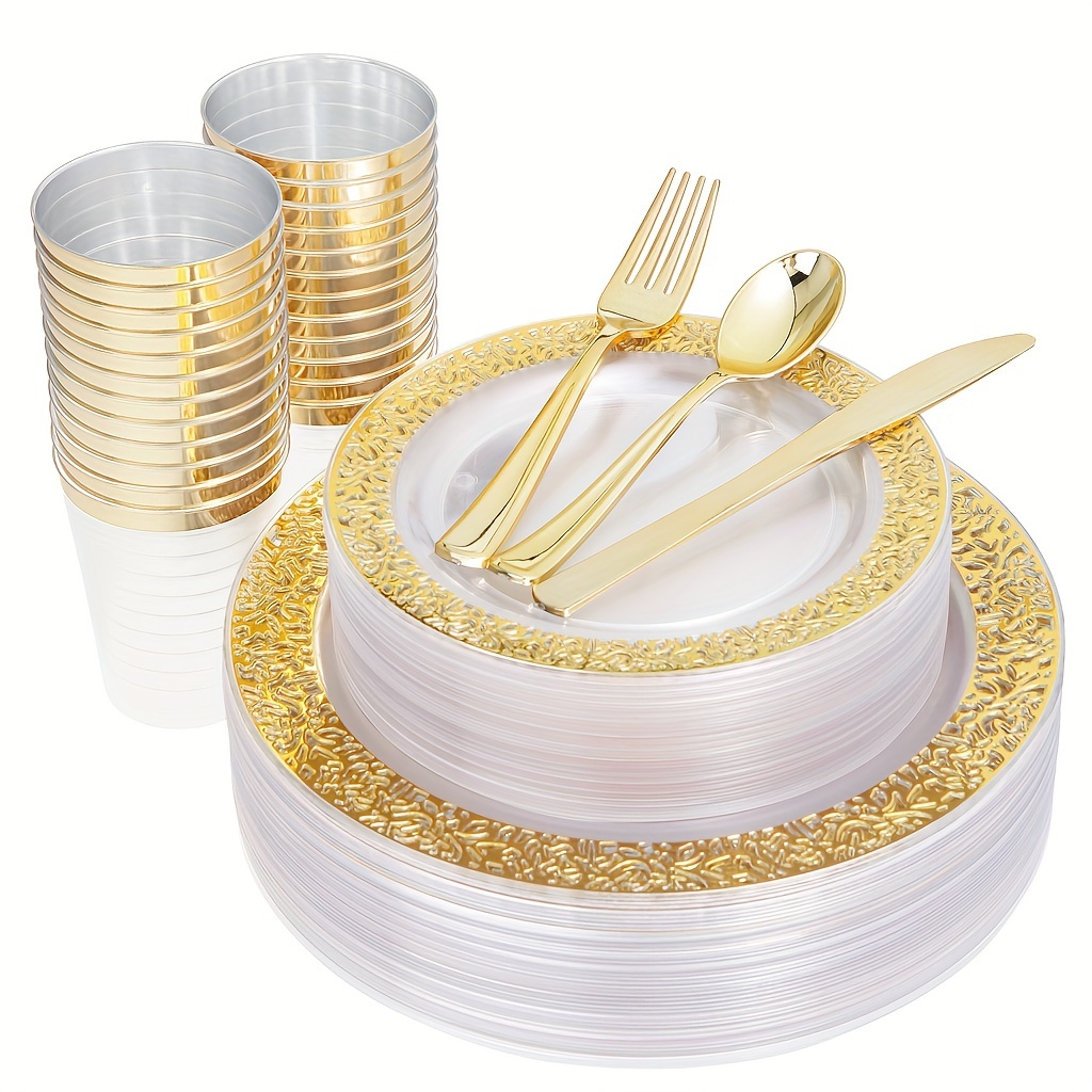 

150pcs Gold Plastic Plates, Clear And Gold Silverware & Gold Cups, Lace Design Gold Dinnerware Include: 25 Dinner Plates, 25 Dessert Plates, 25 Cups, 25 Gold Silverware For Wedding, Party