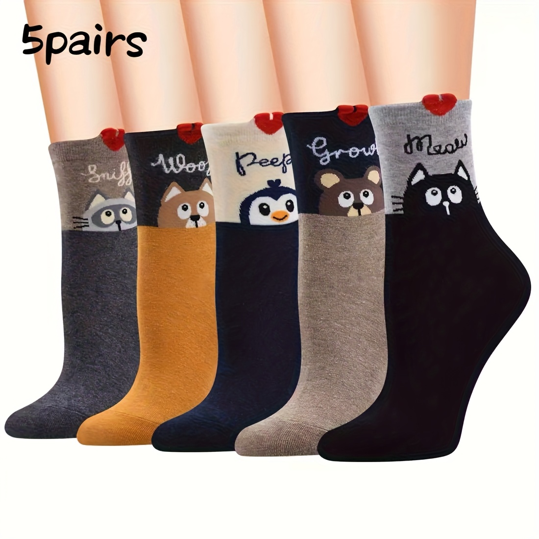 TEMU Pack de 5 Calcetines con Estampado de Animales Adorables (Gato, Perro, ) - Transpirables y para Uso Diario, Ideales para Fiestas, Regalos y